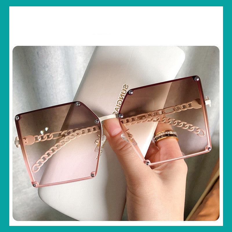 Frameless Big Square Sunglasses Women Fashion Personality Metal Chain Trendy Glasses