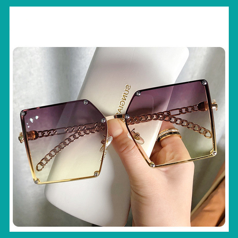 Frameless Big Square Sunglasses Women Fashion Personality Metal Chain Trendy Glasses
