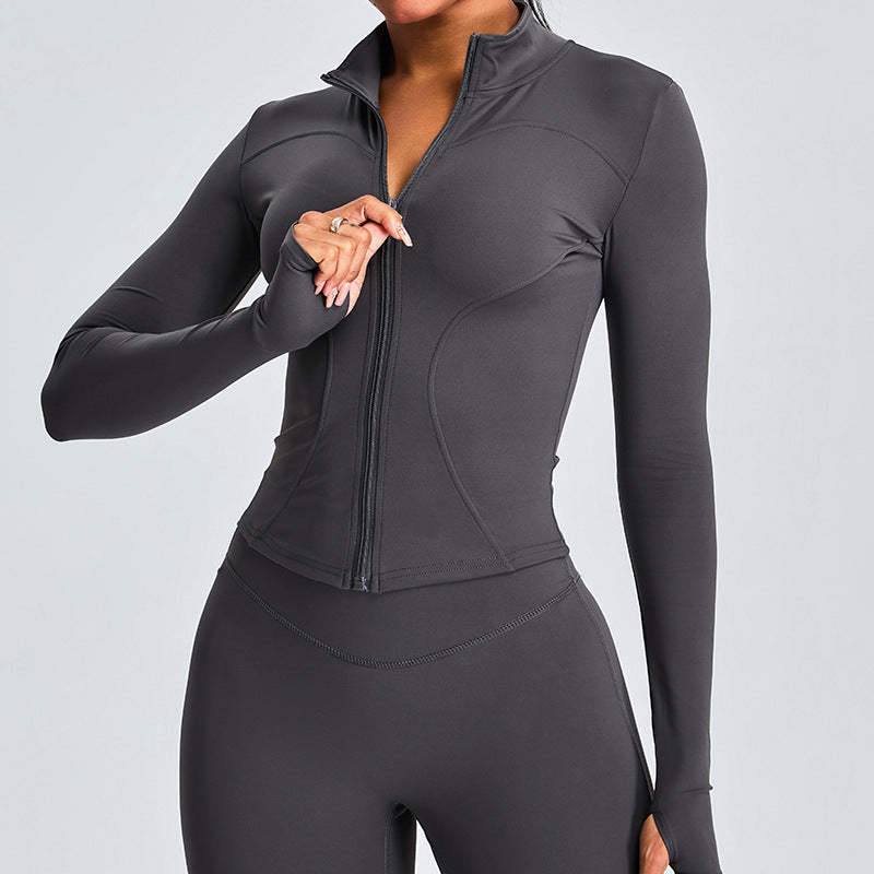 Autumn And Winter Stand Collar Long Sleeve Zipper Cardigan Slimming Sports Workout Clothes Top
