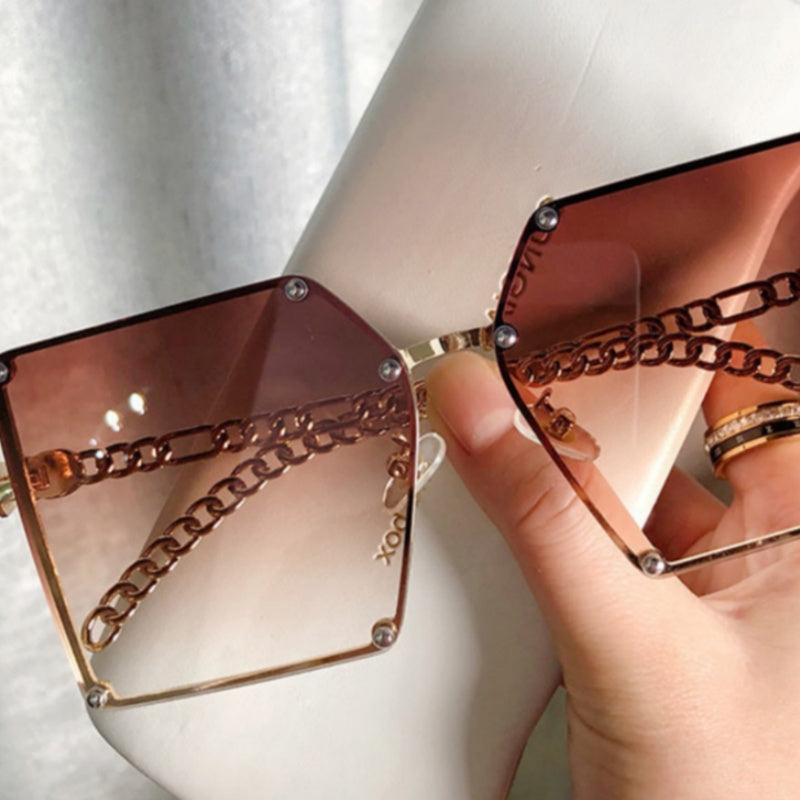 Frameless Big Square Sunglasses Women Fashion Personality Metal Chain Trendy Glasses